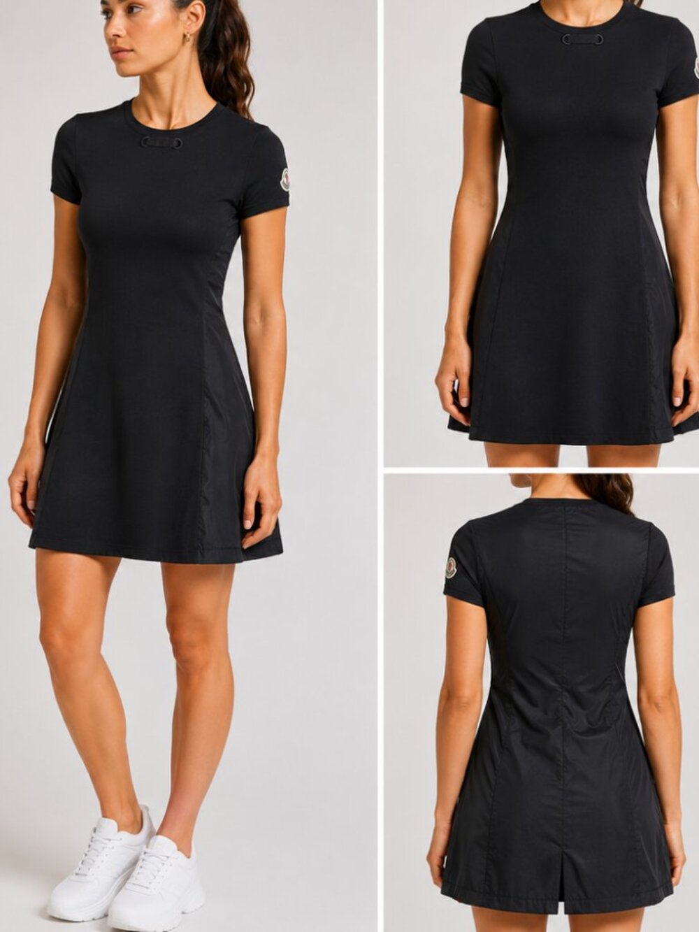 Moncler Black Mixed Media Short Sleeve Dress Nylon Panel A-Line Logo Patch